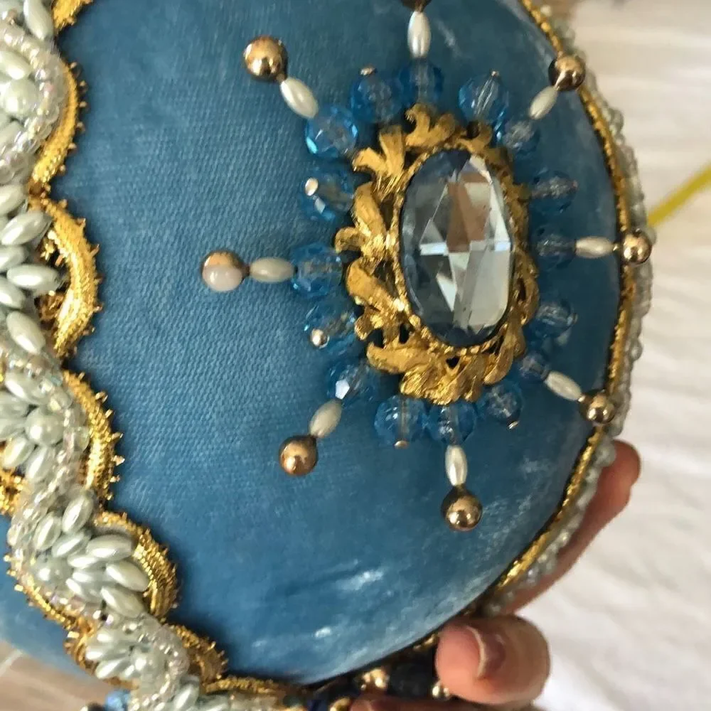 X Large Vintage velvet push pin ornament handmade blue pearl